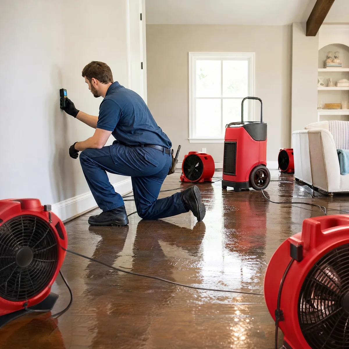 Restoration drying equipment in an affected interior