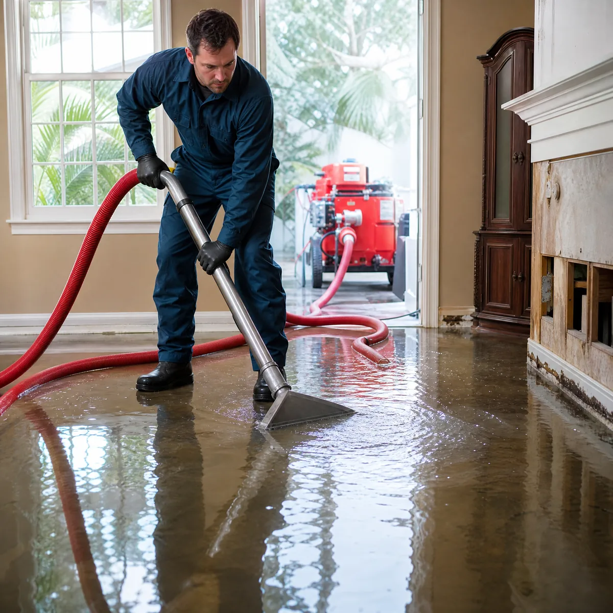 Technician using water extraction equipment in a flooded room
